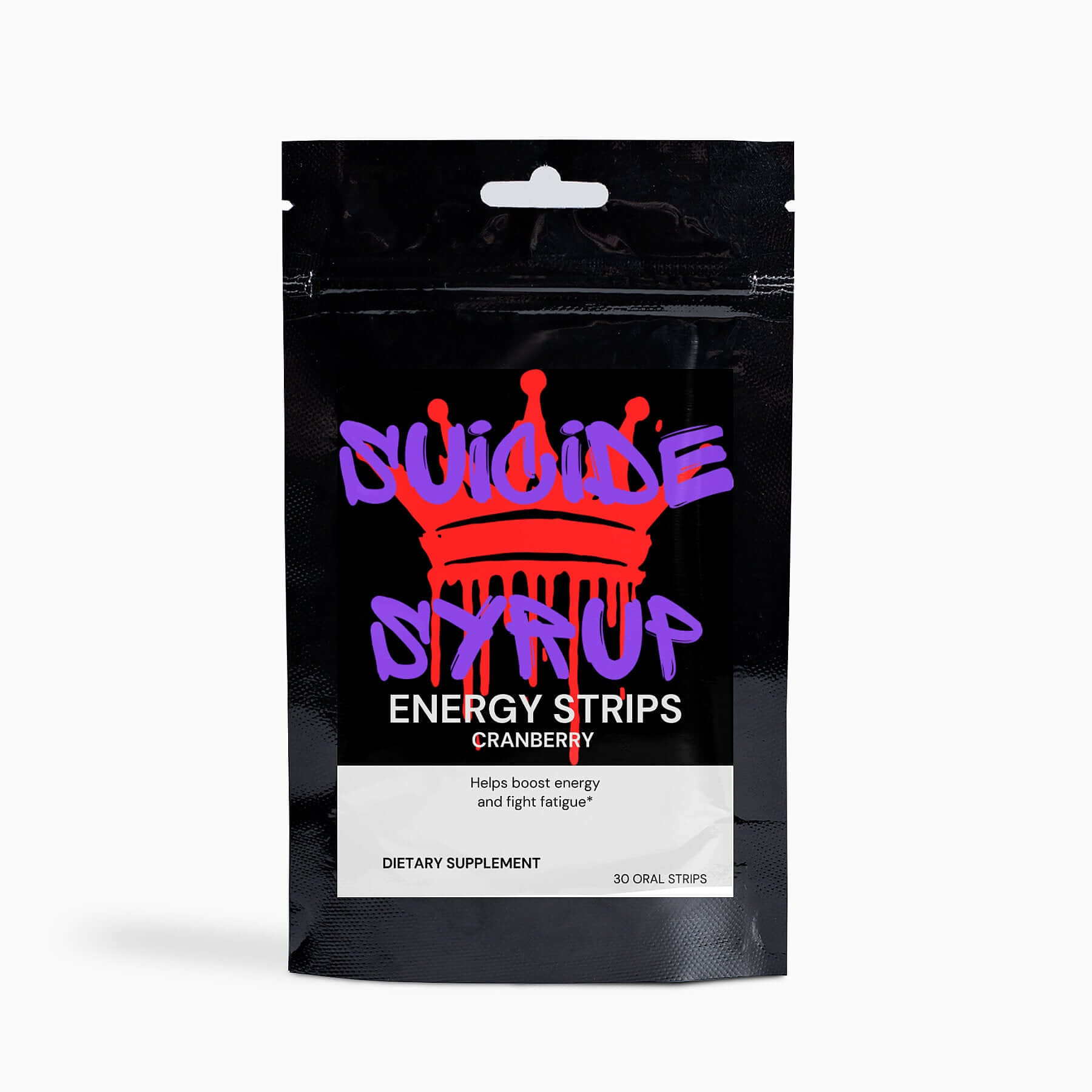 Suicide Syrup Energy Strips in Cranberry flavor packaging for boosting energy and fighting fatigue.