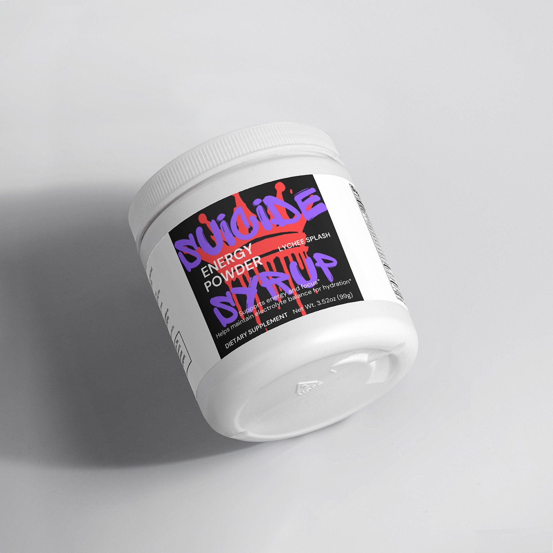 Suicide Syrup Energy Powder Lychee Splash for sustained energy and focus, sugar-free formula in a white container.