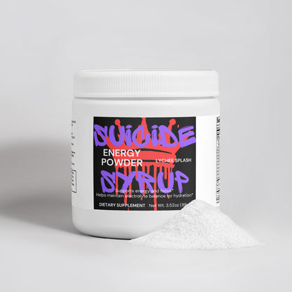 "Suicide Syrup Lychee Splash Energy Powder for sustained focus and energy boost in a white container with powder."