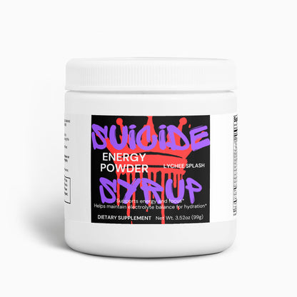 Suicide Syrup Energy Powder in Lychee Splash flavor for sustained energy and focus. Sugar-free formula in a white 3.5oz container.