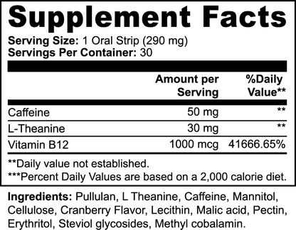 Energy Oral Strips Supplement Facts showing caffeine, L-Theanine, Vitamin B12 content, and ingredients list.