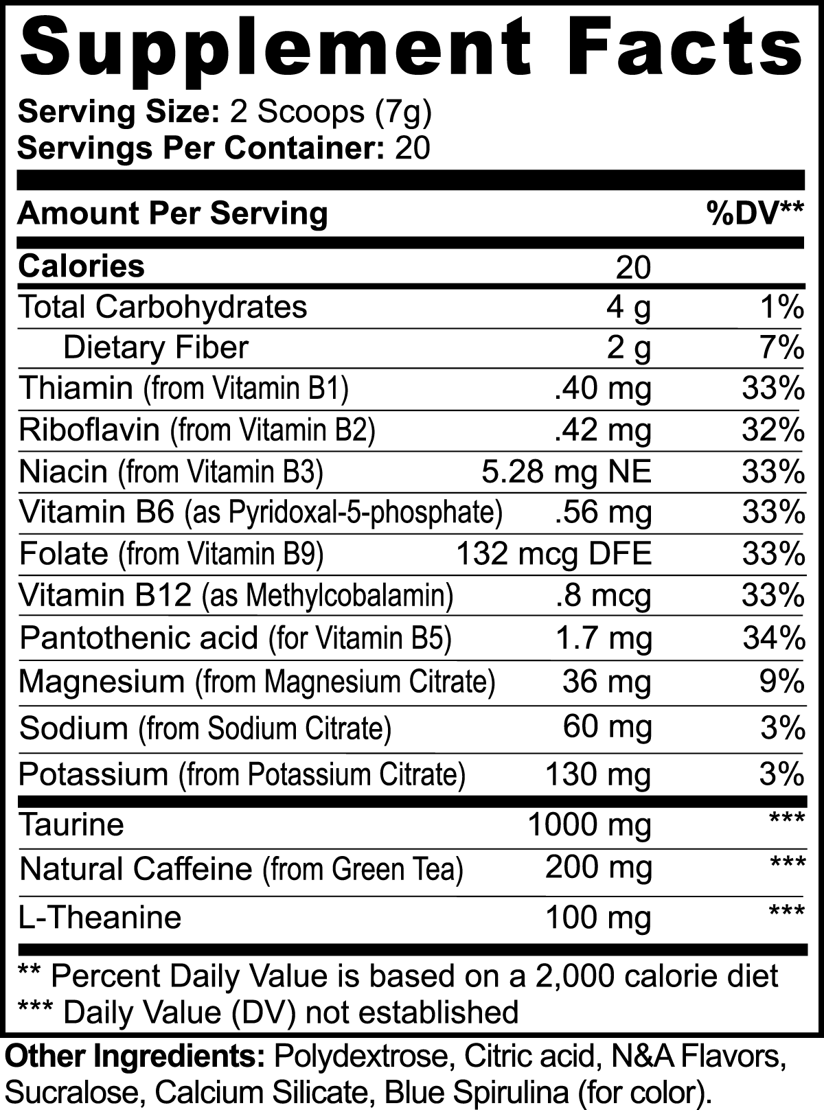 Supplement facts label for energy powder showing serving size, calorie count, vitamins, minerals, and ingredients list.