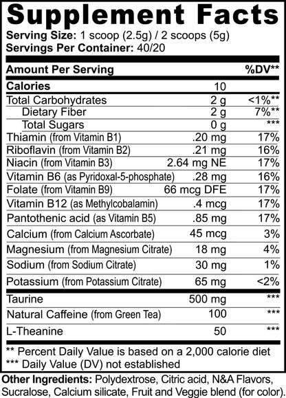 Supplement facts for energy powder showing nutritional information, including vitamins, minerals, taurine, and natural caffeine content.